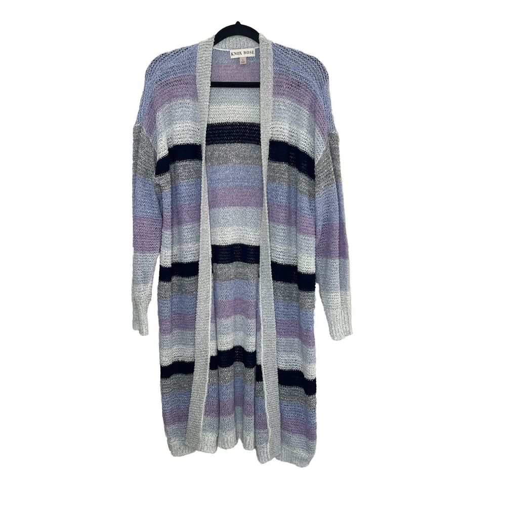 Knox Rose Sweater Cardigan Women's Large Purple Gray Knit Preppy Open Front